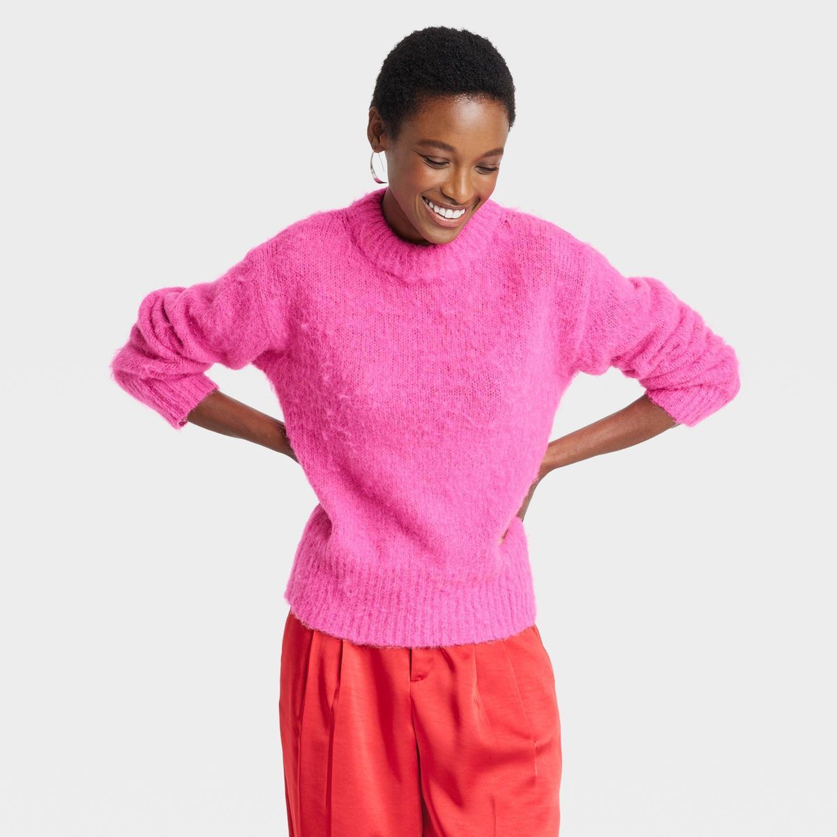 Women's Crewneck Brushed Pullover Sweater - A New Day™ Hot Pink L | Target