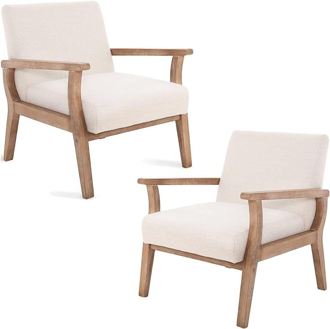 Beige Accent Chair Set of 2 Mid Century Modern Armchair Wood Sitting Chair Linen Fabric Upholster... | Amazon (US)