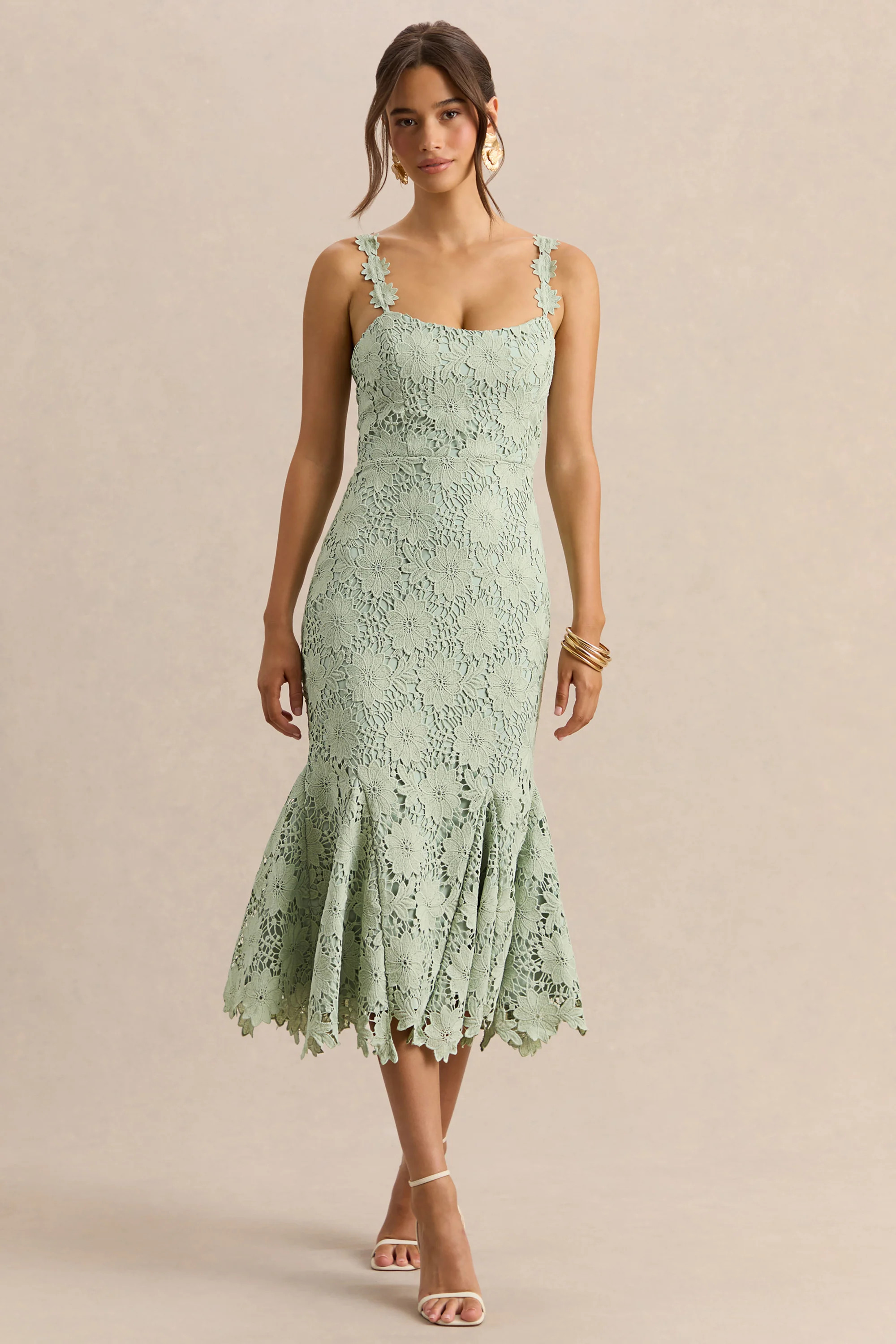 Melia | Sage Lace Scoop-Neck Midi Dress | Club L London
