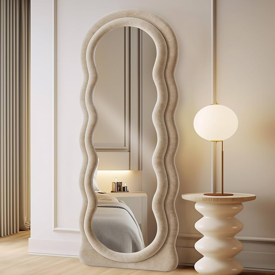 Full Length Mirror 63"x24" Arched Wavy Full Body Wall Mounted Floor Mirror with Stand Milk Tea Fl... | Amazon (US)