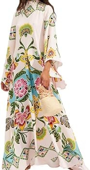 Summer Ethnic Printed Maxi Dress for Women Tie Up 3/4 Sleeve Long Flowy Bohemian Beach Party Dres... | Amazon (US)