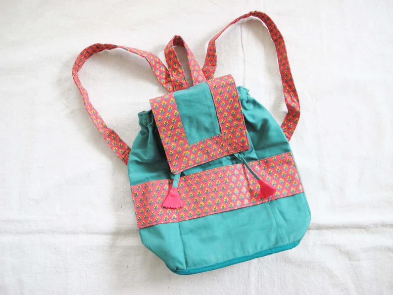 Vintage 90s Indian Block Print Mini Backpack Green and Red 1990s Small Drawstring Backpack Purse ... | Etsy (US)