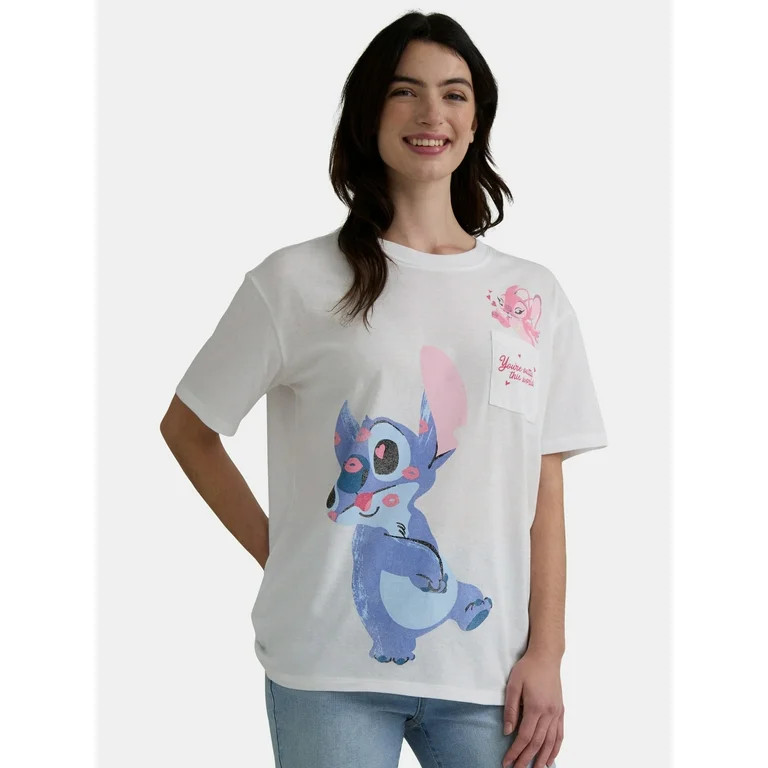 Valentine’s Day Women’s Stitch and Angel Kisses Graphic Pocket Tee, Sizes XXS-XXL - Walmart.c... | Walmart (US)