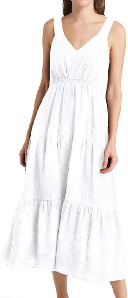 JeimPoey Womens V-Neck Tiered Dress Flowy Midi Skirt Smocking Back A-line Sundress | Amazon (US)