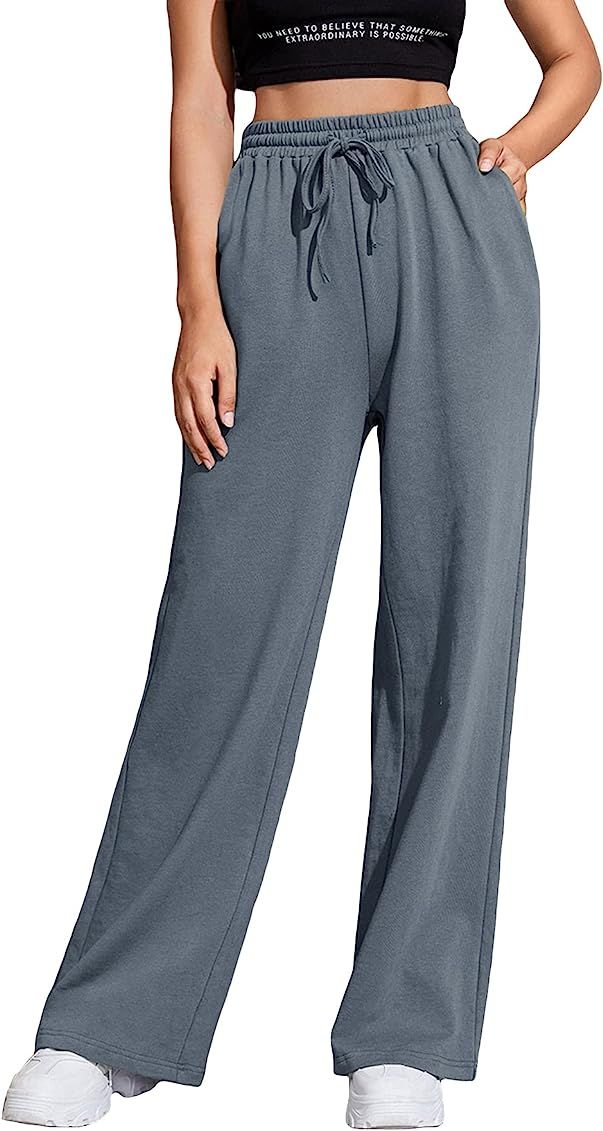 Floerns Women's Solid Drawstring Baggy Sweatpants Joggers Straight Leg Pants | Amazon (US)