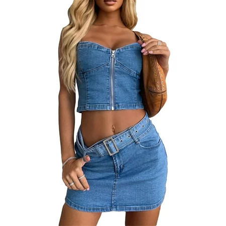 Aunavey Women 2 Piece Denim Skirt Set Outfit Strap Zipper Crop Top and Tight Jean Skirt with Belt | Walmart (US)