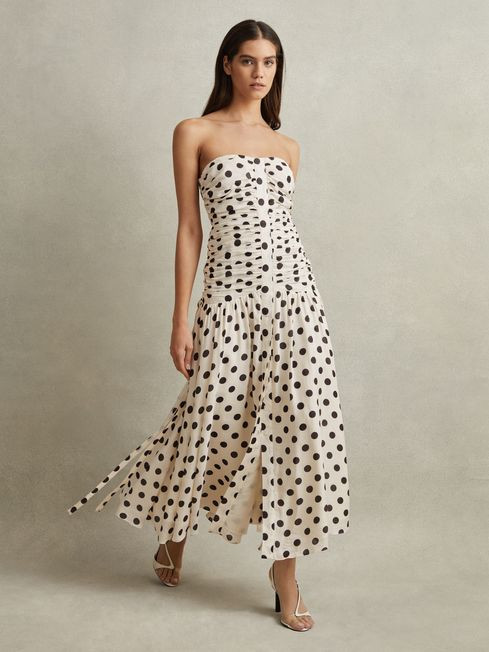 Reiss White/Black Rue Viscose Linen Polka Dot Ruched Maxi Dress | Reiss US
