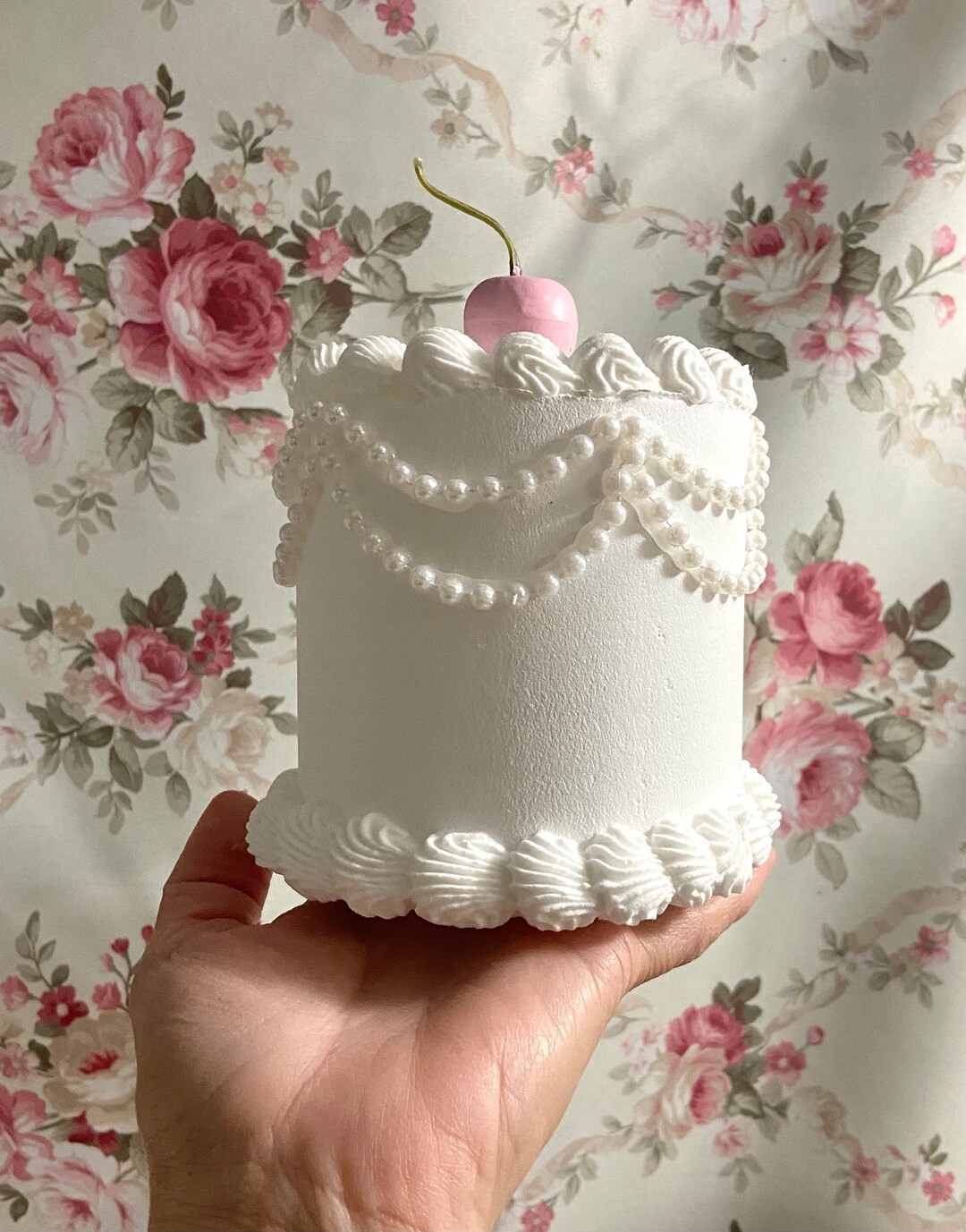 White Fake Cake, 4 Inch Faux Cake, White Pearls, Pink Cherry - Etsy | Etsy (US)