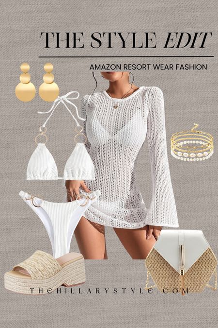 AMAZON Resort Wear Fashion: Crochet Cover Up, White Bikini, Platform Sandal, Beach Bag, Gold Jewelry .

#LTKSeasonal #LTKtravel #LTKstyletip