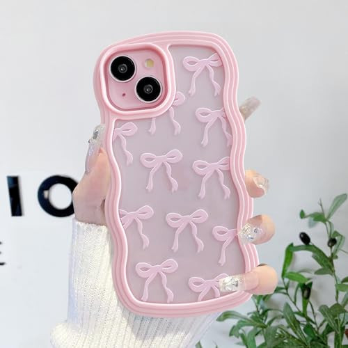 QLTYPRI Cute Bow Case for iPhone 11, Clear Ribbon Bow Pattern Curly Wave Edge Aesthetic Transparent Phone Case, Slim Shockproof Protective Phone Cover for Women Girls - Pink | Amazon (US)