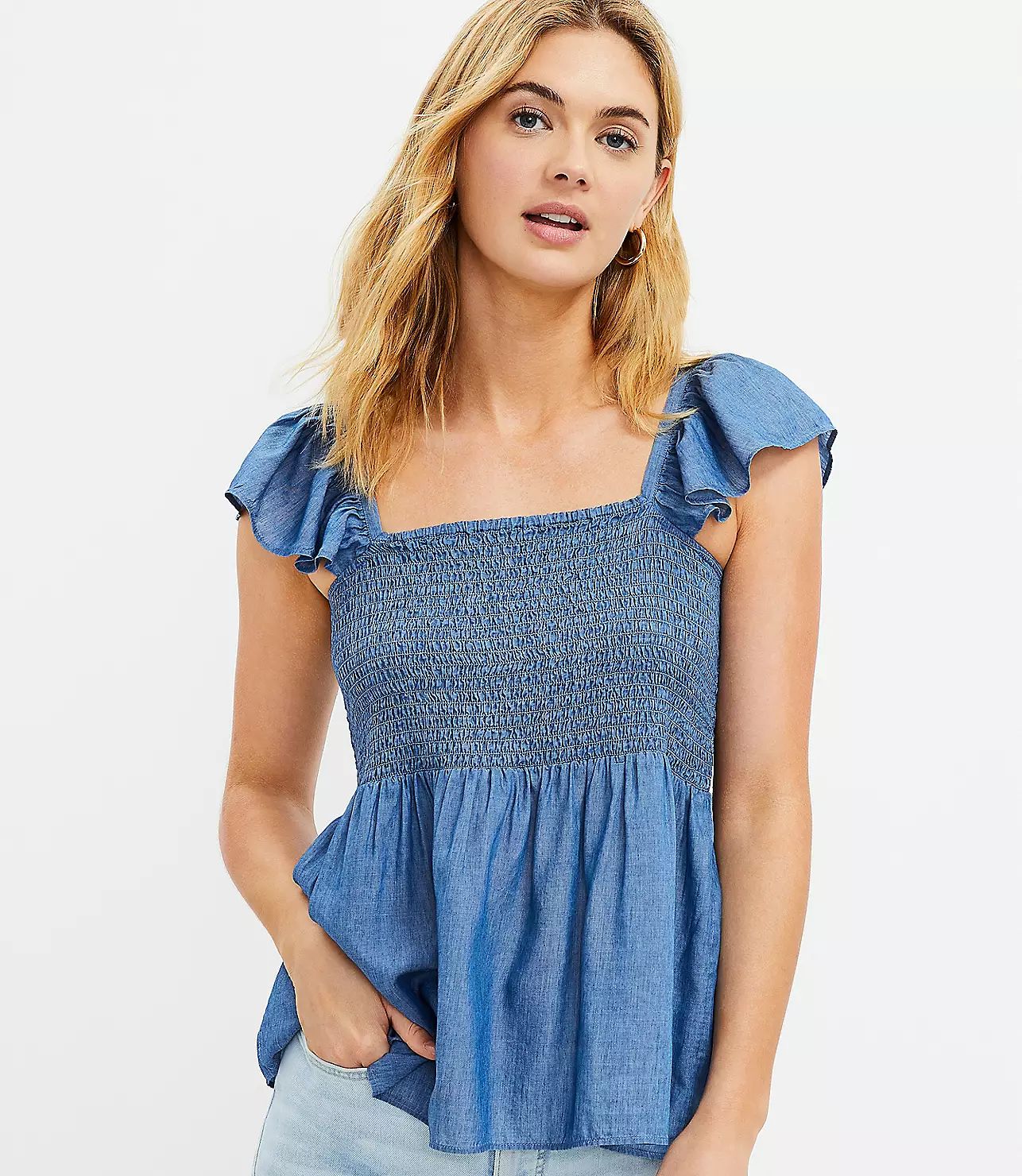 Chambray Smocked Peplum Shell | LOFT