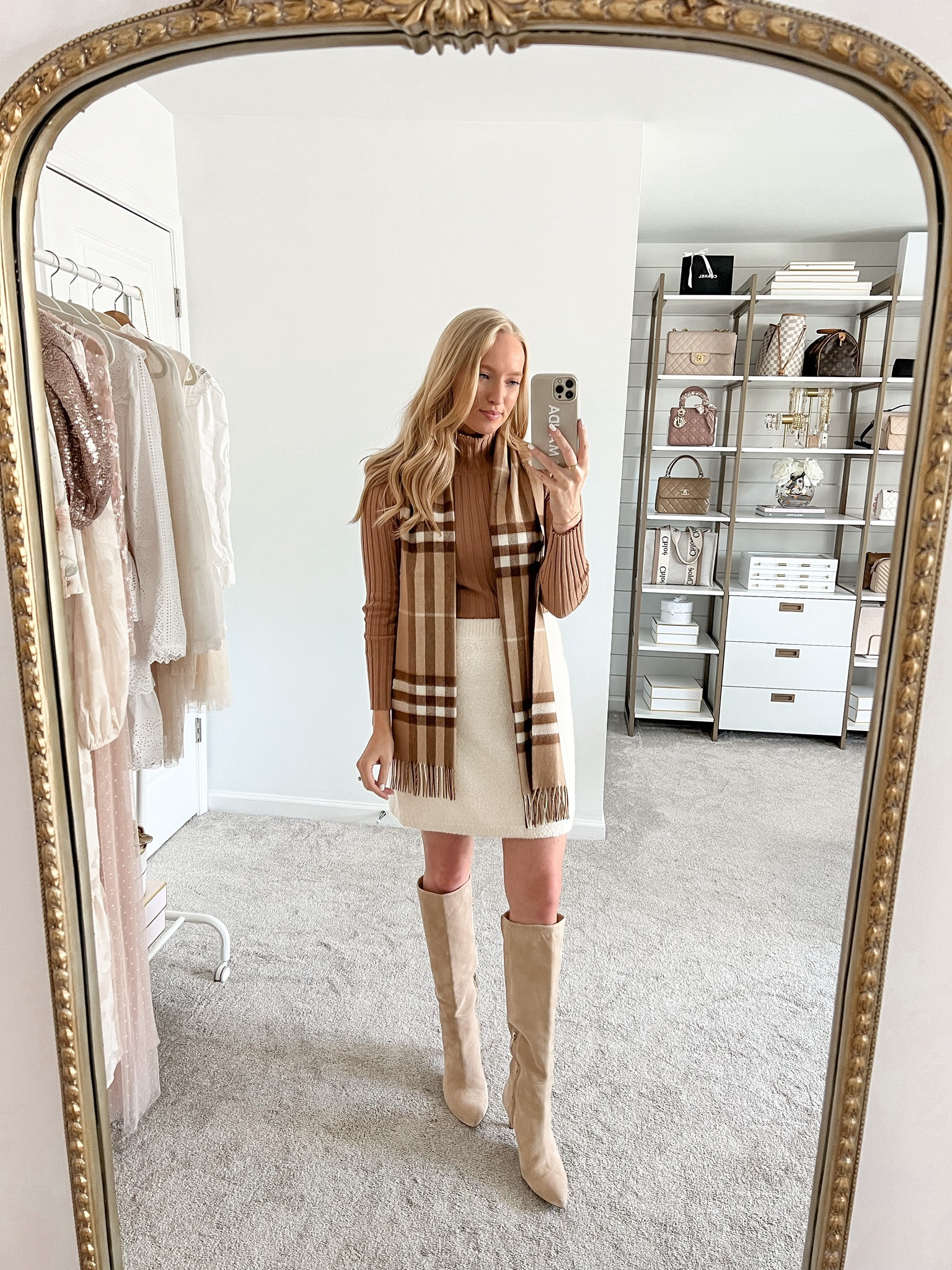 Neutral and classic look for a fall workwear outfit. This Burberry scarf ties together the whole look  

#LTKunder100 #LTKstyletip #LTKworkwear