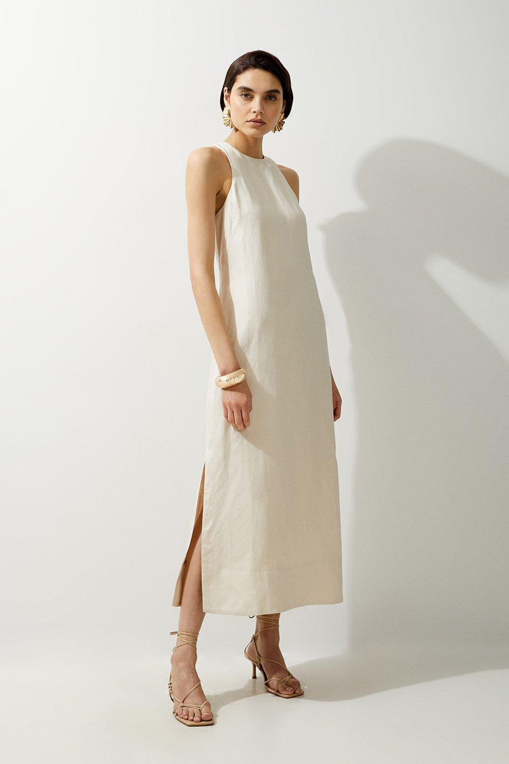 Viscose Linen Woven Halter Midi | Karen Millen UK + IE + DE + NL