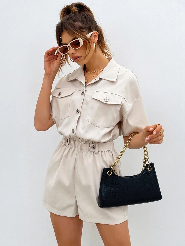 Buttoned Front Pocket Patched Shirt Romper | SHEIN