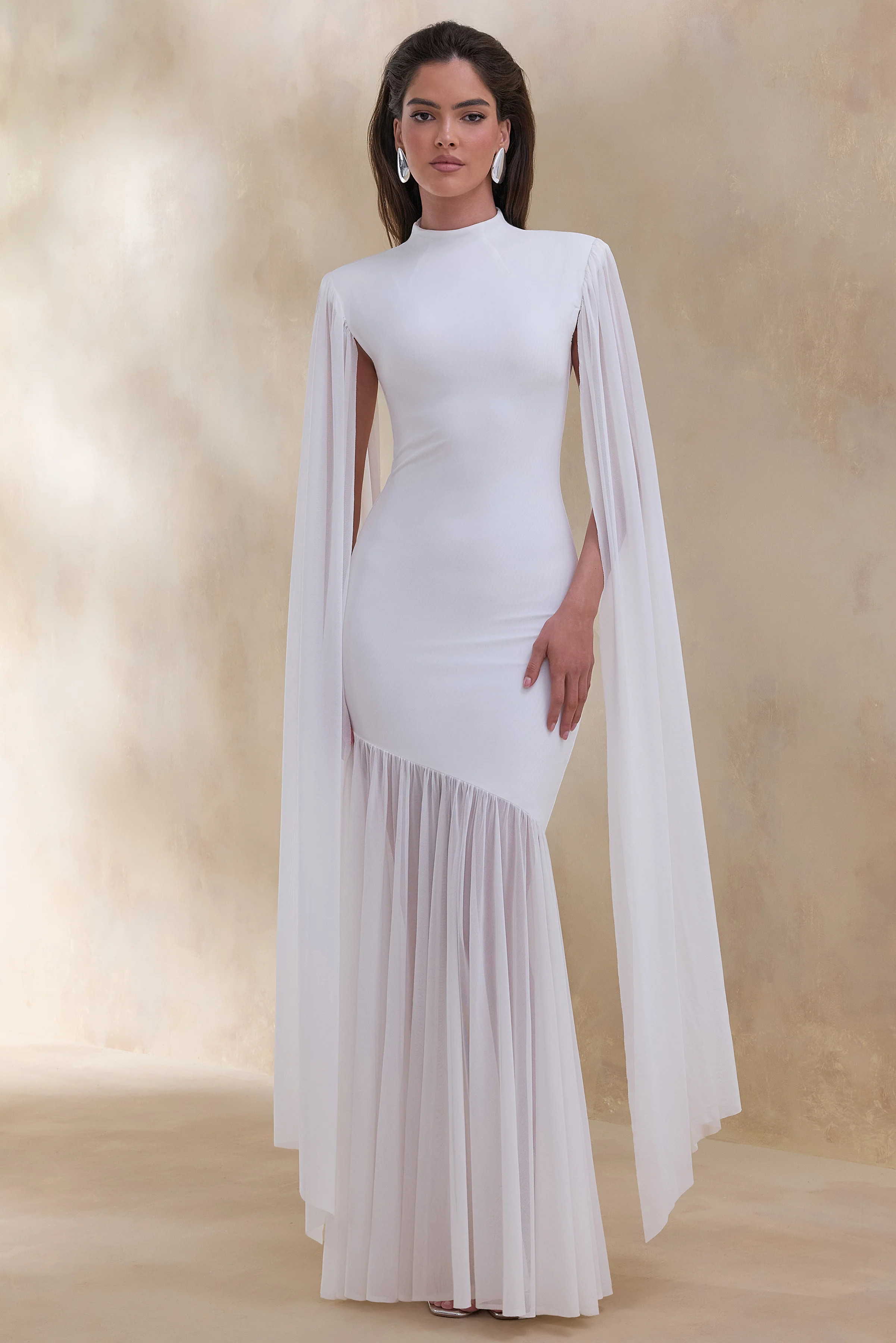 Chantelle | White High-Neck Maxi Dress With Drop-Waist And Cape-Sleeve | Club L London