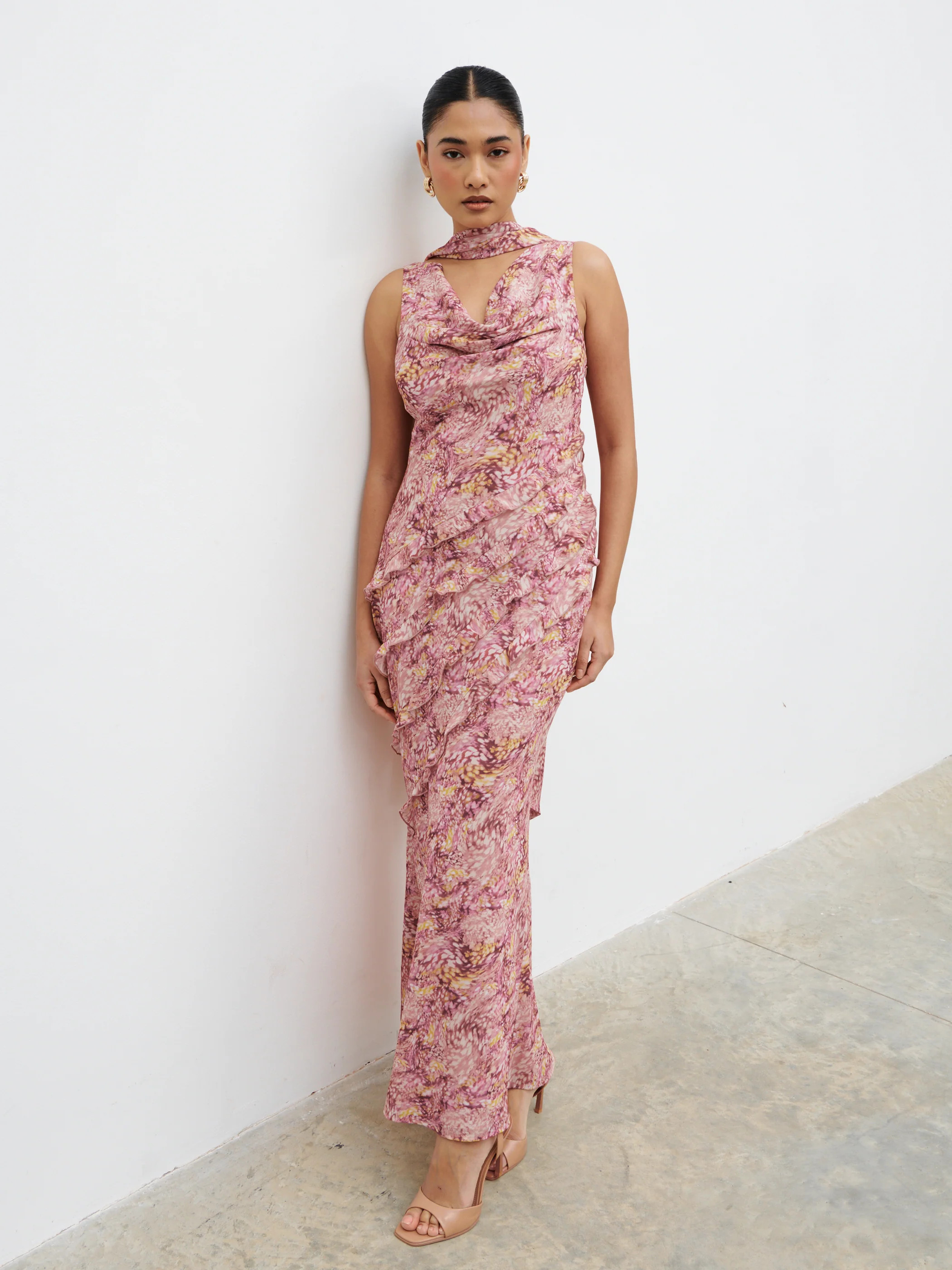 Constance Scarf Ruffle Maxi Dress - Berry Multi Abstract | Pretty Lavish (UK)