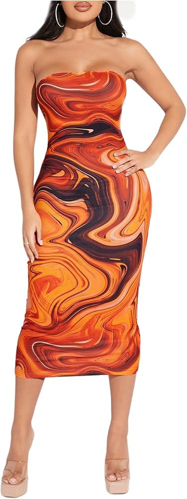 Milumia Women's Tie Dye Strapless Midi Dress Bodycon Backless Slim Fit Dresses | Amazon (US)