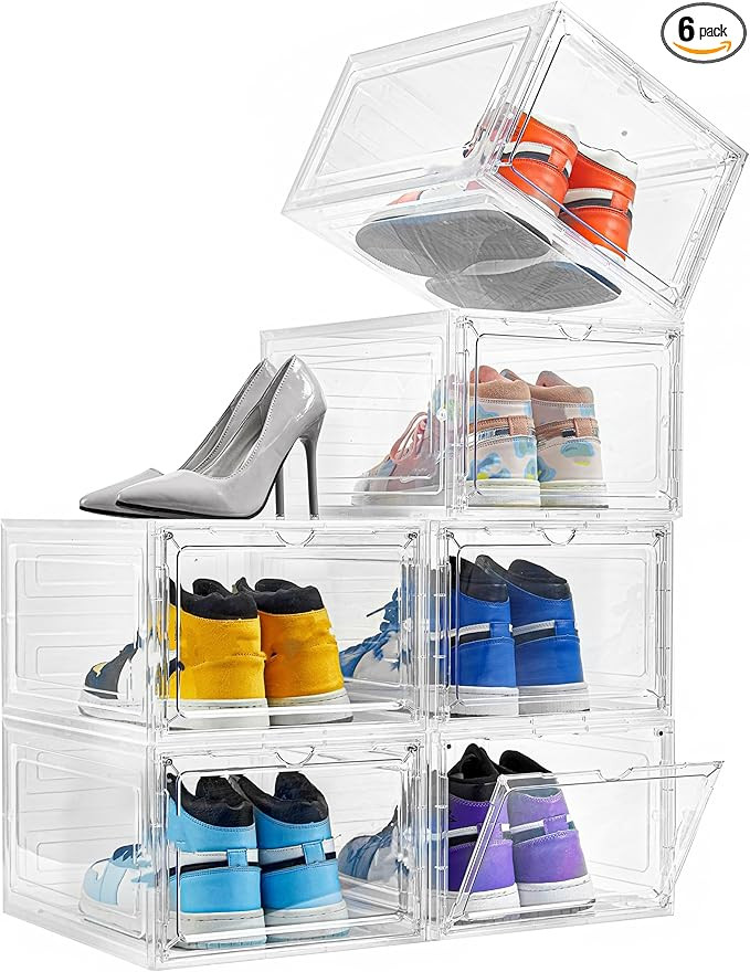 Attelite Shoe Box Organizer,Set of 6,Stackable Plastic Shoe Box with Clear Door, Shoe Storage Box... | Amazon (US)