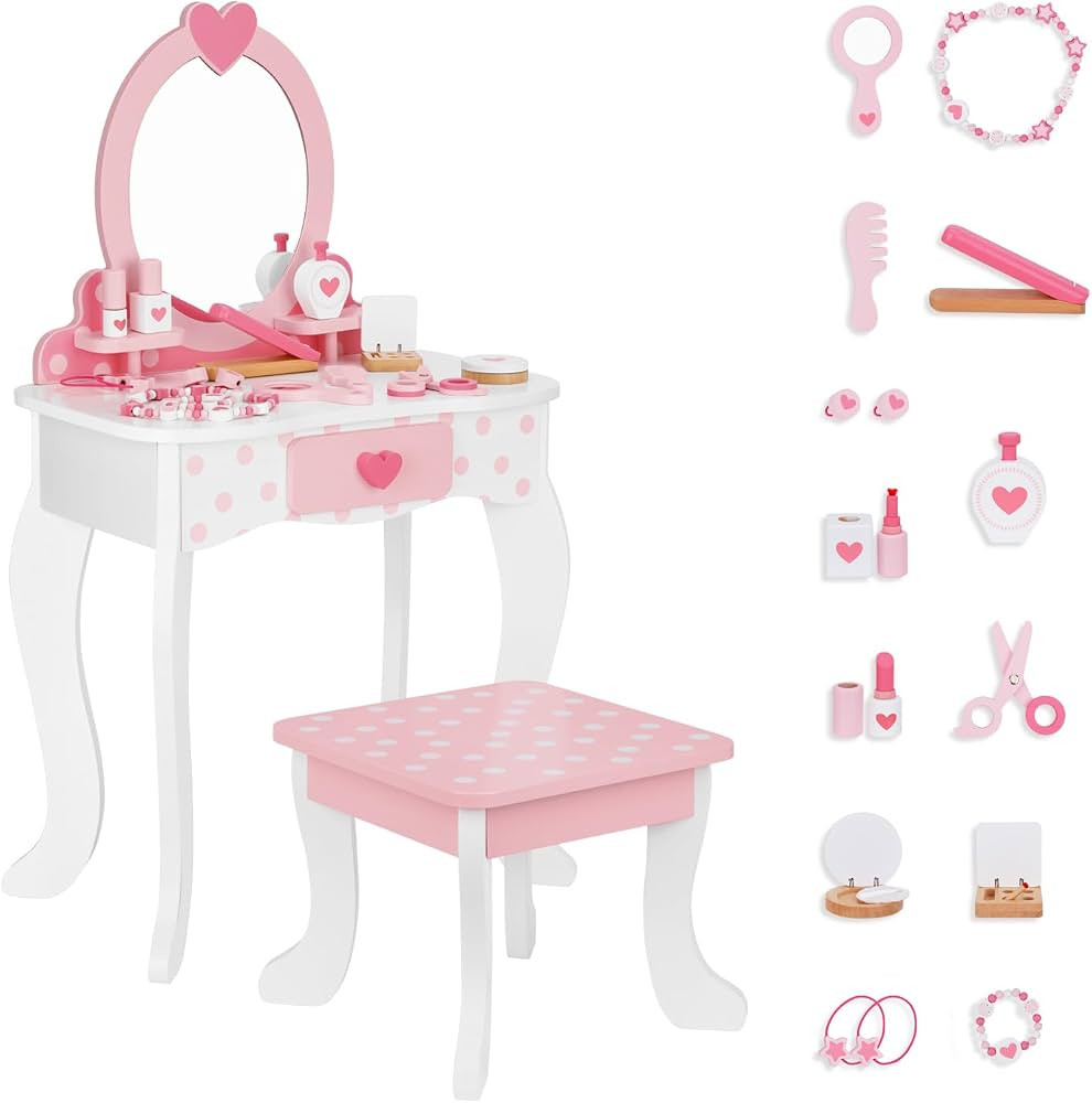 Kids Vanity Set,Table & Chair Vanity Set with Mirror（includes 15 pcs multiple make up accessori... | Amazon (US)