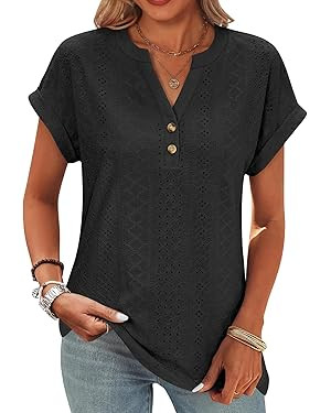 ANRABESS Women Tops Short Sleeve V Neck Eyelet Shirts Dressy Casual Blouses 2026 Summer Tee T-Shi... | Amazon (US)