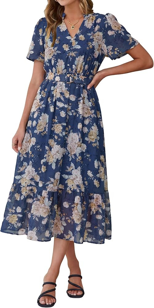 Simplee Womens Summer Boho Floral Midi Dress Casual Beach Wedding Guest Chiffon A Line Belted Lon... | Amazon (US)