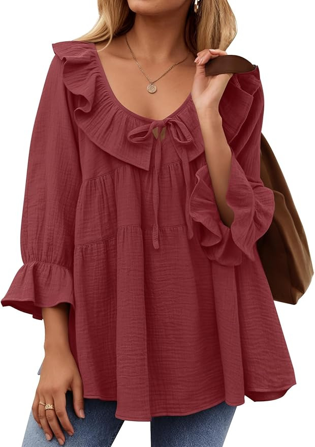 ZESICA Womens Scoop Neck 3/4 Length Sleeve Tops 2024 Casual Tie Front Ruffle Tiered Loose Tunic S... | Amazon (US)