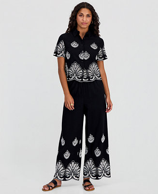 Petite Embroidered Cotton Wide Leg Pants | Macy's