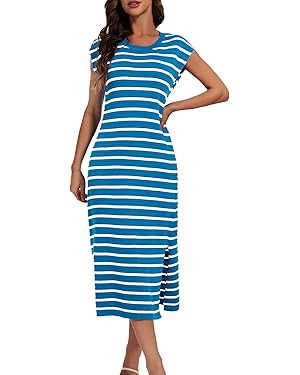 DRESSTELLS Women Summer Casual Striped Dresses, Knit Crew Neck Sleeveless Slit Hem Color Block Lo... | Amazon (US)