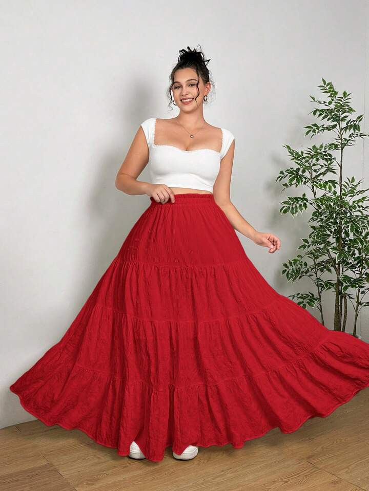 SHEIN EZwear Valentine's Day,Plus Size Women Red Ruched Skirt | SHEIN