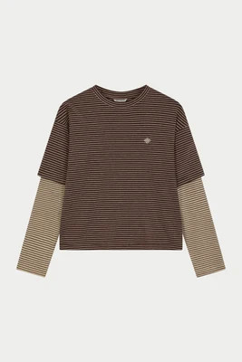DOUBLE LAYER STRIPE LONG SLEEVE T-SHIRT - BROWN | The Couture Club