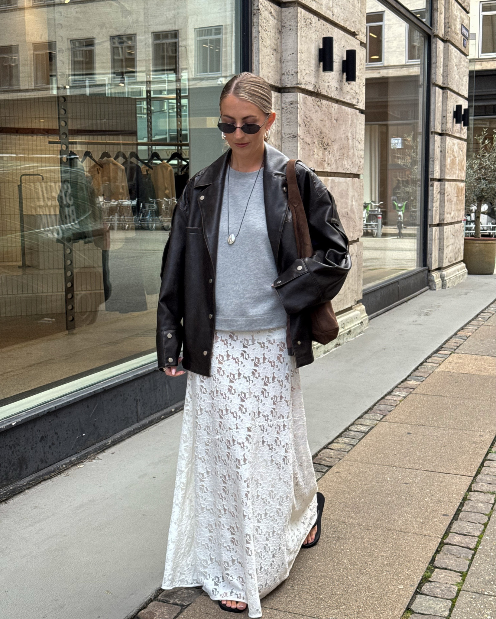 Lace skirt & leather jacket outfit 🖤 

DISSH, flip flops, grey sweat shirt, pendant necklace, leather jacket, suede bag 

#LTKstyletip #LTKuk #LTKsummer
