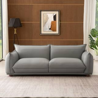 Maybelle 90 in. Round Arm Leather Rectangle Modern Luxury Tight Back Sofa in Grey | The Home Depot