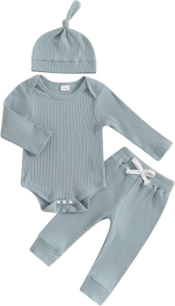 Newborn Baby Boy Girl Outfits Long Sleeve Striped Ribbed Knitted Romper Pants Hat 3Pcs Infant Fal... | Amazon (US)