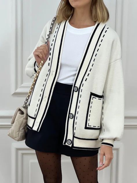 Lindsay Contrast Stitch Cardigan | Cream | Vita Grace