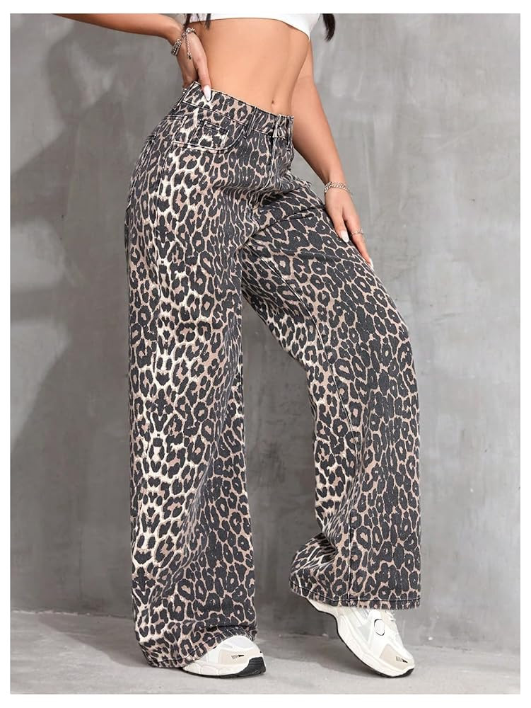 Floerns Women's Y2k Cheetah Print Wide Leg Jeans High Waisted Baggy Casual Denim Pants | Amazon (US)