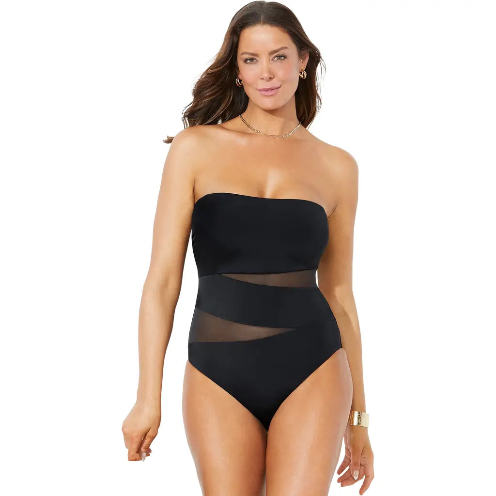 Swimsuits for All Mesh Wrap Bandeau One Piece Swimsuit in Black at Nordstrom, Size 22 | Nordstrom