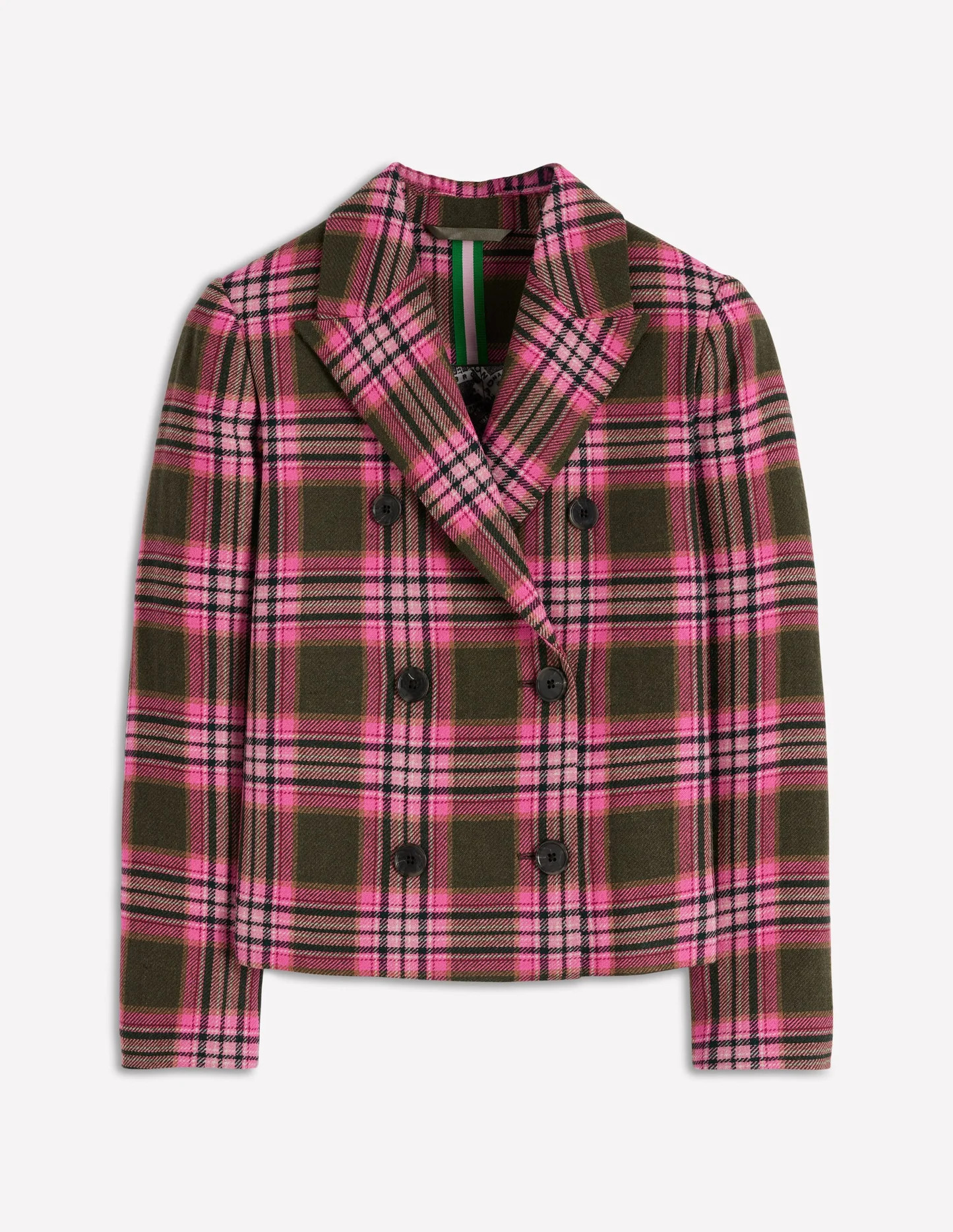 Boxy Double Breasted Blazer-Olive Green and Pink Check | Boden (US)