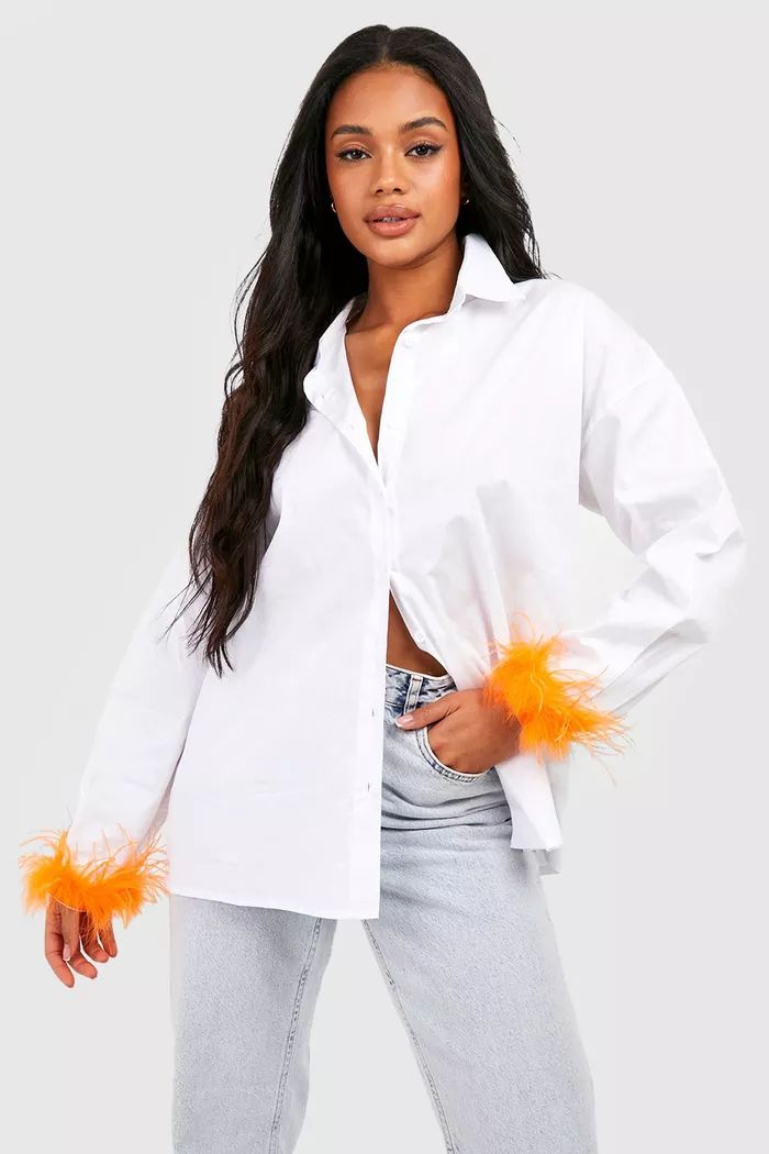 Cotton Poplin Oversized Feather Cuff Shirt | Boohoo.com (US & CA)