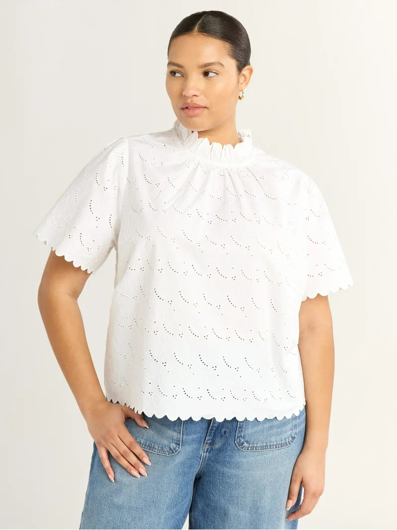 Free Assembly Women's Ruffle Cotton Eyelet Top with Short Sleeves, Sizes XS-4X | Walmart (US)