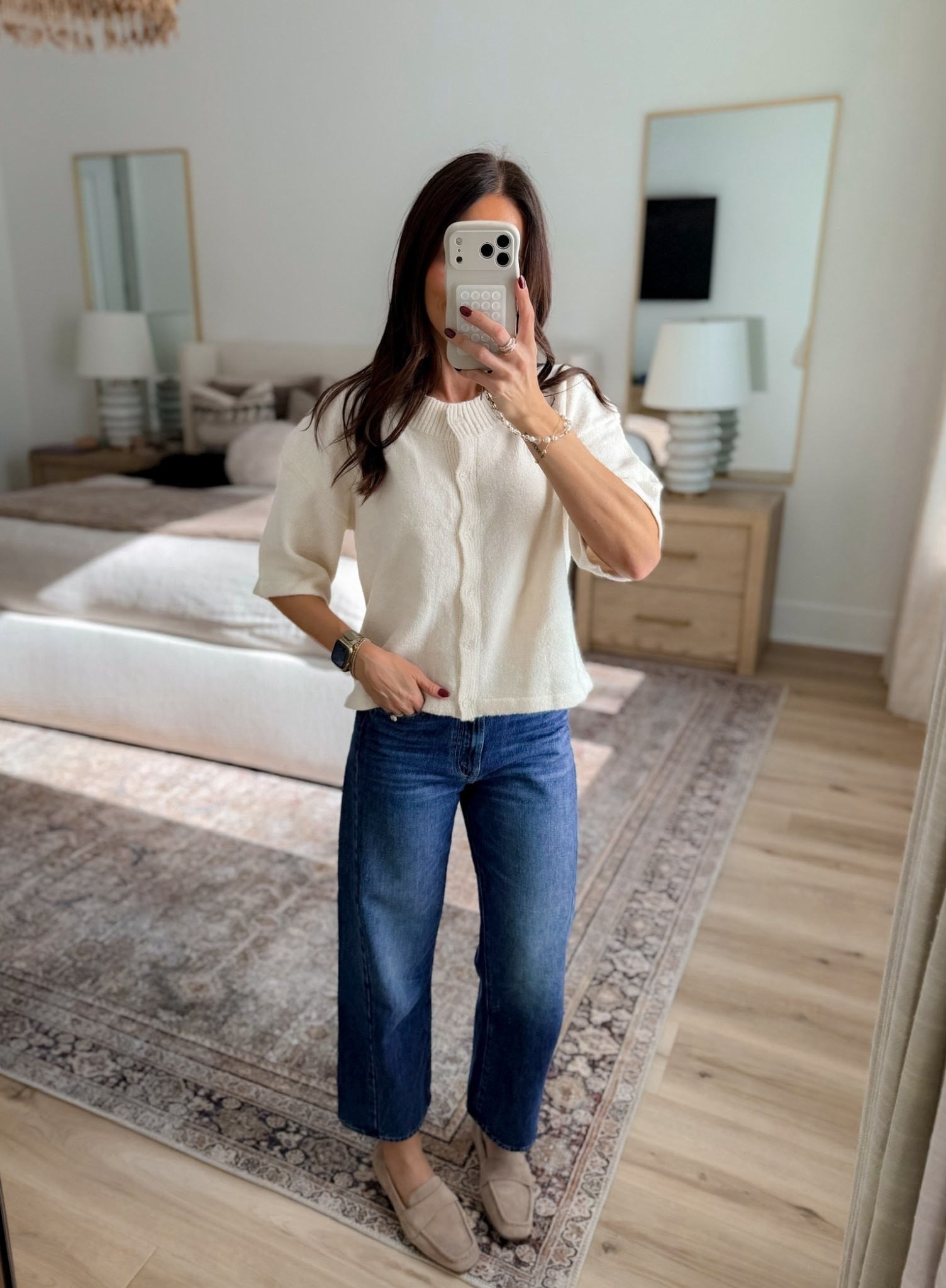 This is the kind of cardigan I love for transitional weather. The short sleeves and creamy neutral knit make it easy to wear now with denim and loafers, then layer under a jacket once it gets cooler.

short sleeve cardigan, cream cardigan, fall cardigan, cropped cardigan, straight leg jeans, suede loafers, neutral fall outfit, transitional fall outfit, everyday outfit, casual fall style, fall wardrobe, annabrstyle

#LTKootd #LTKSeasonal #LTKOver40
