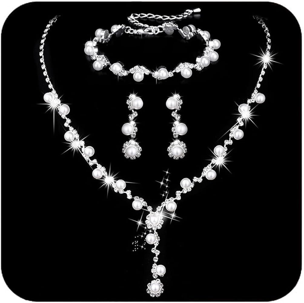 Unicra Silver Pearl Bridal Wedding Jewelry Set Rhinestone Necklace Earrings Bracelet Sets Formal ... | Amazon (US)