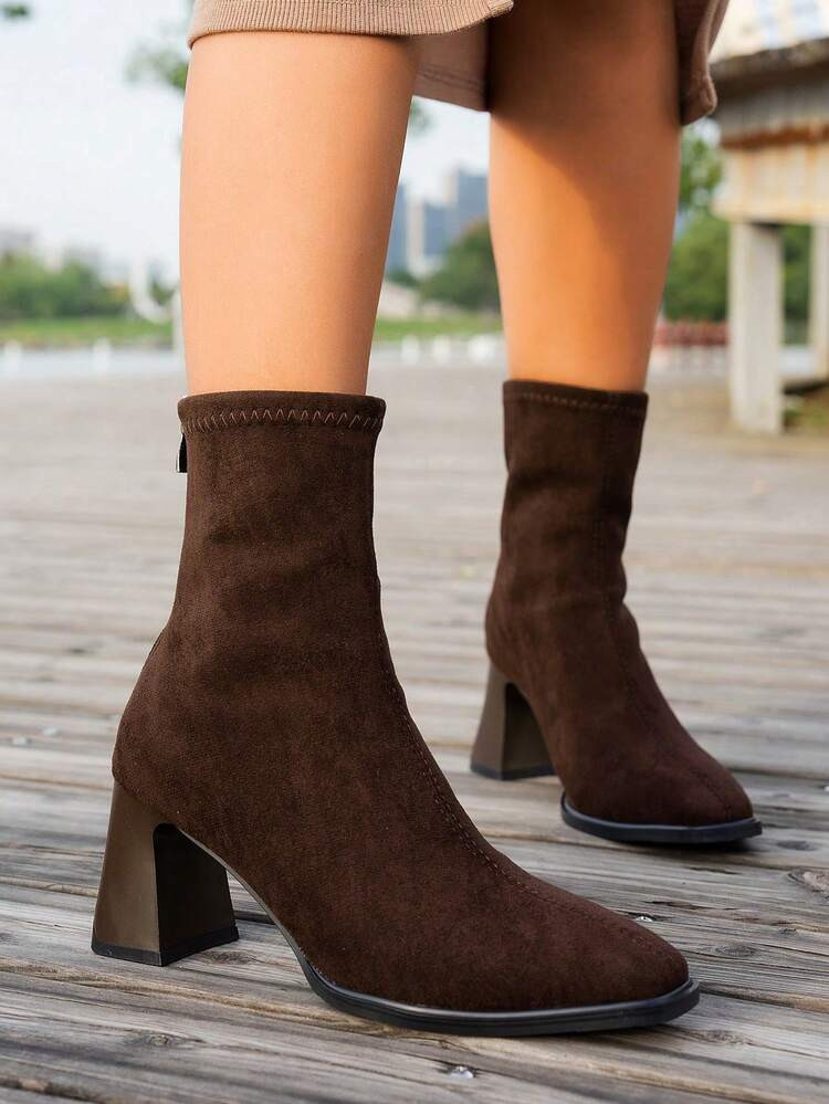 Ankle Boots With Chunky Heel & Back Zipper | SHEIN