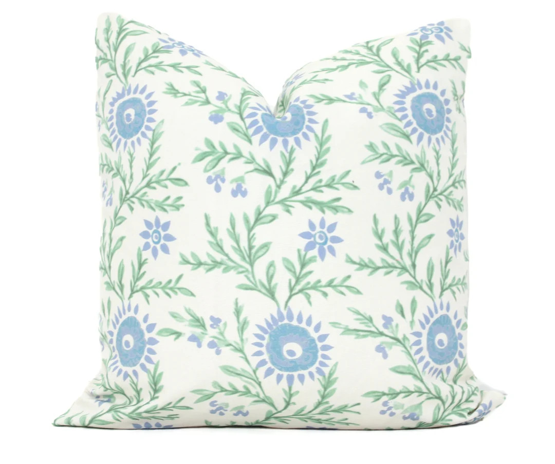 Block Print Sunflower Throw Pillow, 20x20 Accent Pillow, Pillow Sham Lumbar Pillow, Blue Green Fl... | Etsy (US)