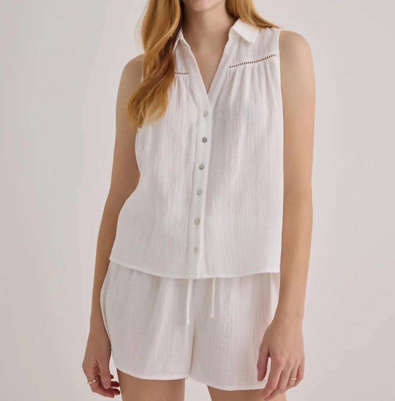 Sleeveless Ladder Trim Shirt In White | Shop Simon