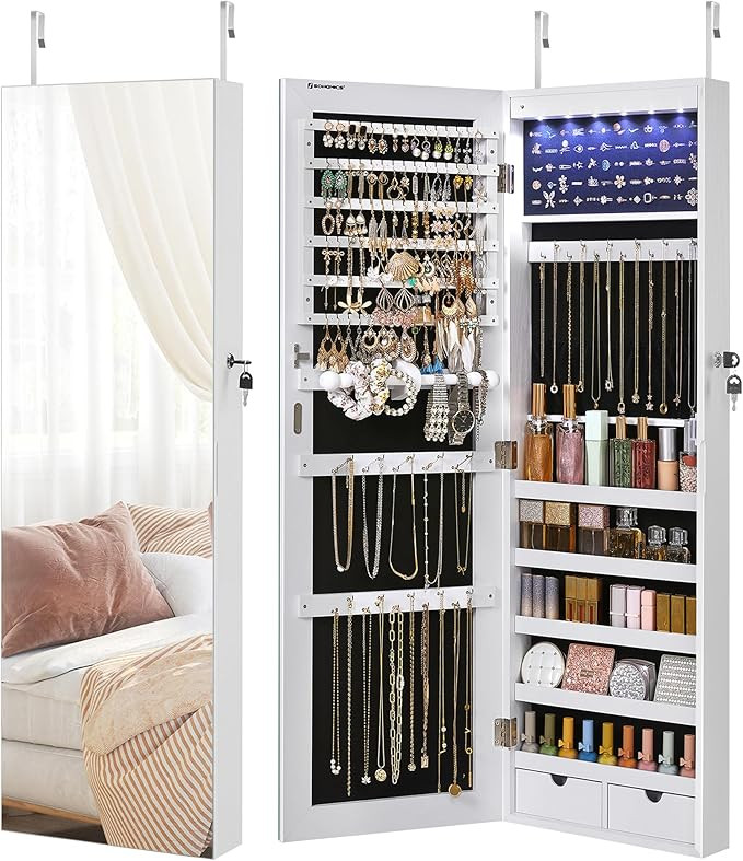 SONGMICS Hanging Jewelry Cabinet, Wall-Mounted Cabinet with LED Interior Lights, Door-Mounted Jew... | Amazon (US)