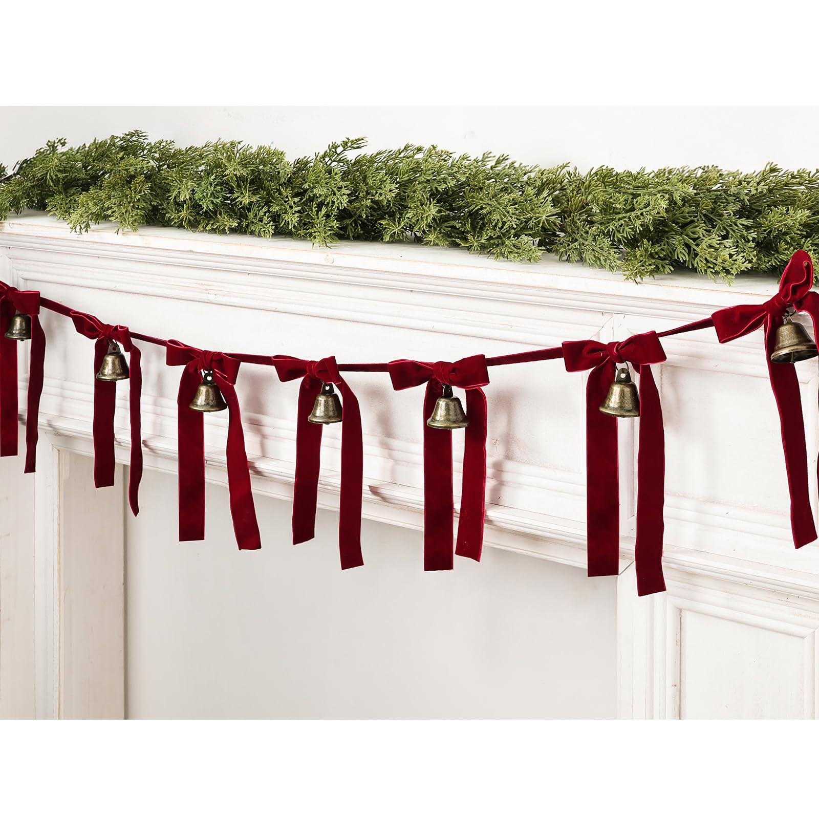 Garland Christmas Decorations Indoor, Vintage Christmas Bell Banner with Red Velvet Ribbons, Retr... | Amazon (US)