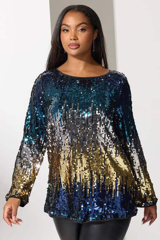 YOURS LONDON Plus Size Blue Bow Back Ombre Sequin Top | Yours Clothing UK