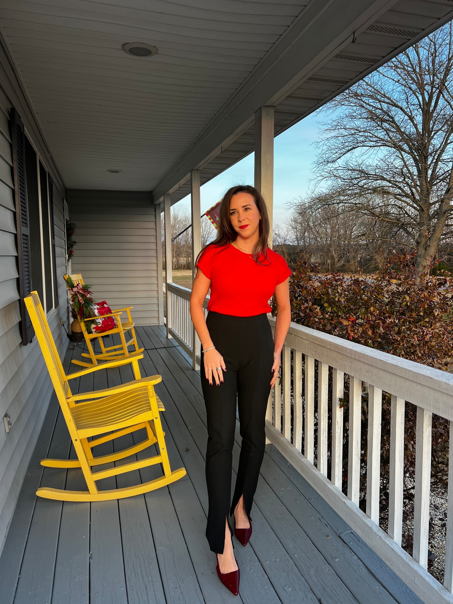 A simple Christmas Eve outfit. Bright red short sleeve sweater, black slim leg pants, and kitten heel burgundy shoes.

Vince. Favorite alighted. Jcrew. Cashmere sweater. Red cashmere sweater.

#LTKHoliday #LTKSaleAlert #LTKootd