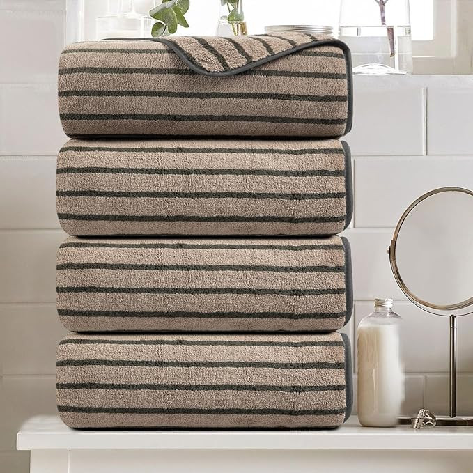 Oliven 4 Piece Brown Cabana Stripe Large Bath Towels Oversized Bath Sheet Super Soft Breathable J... | Amazon (US)