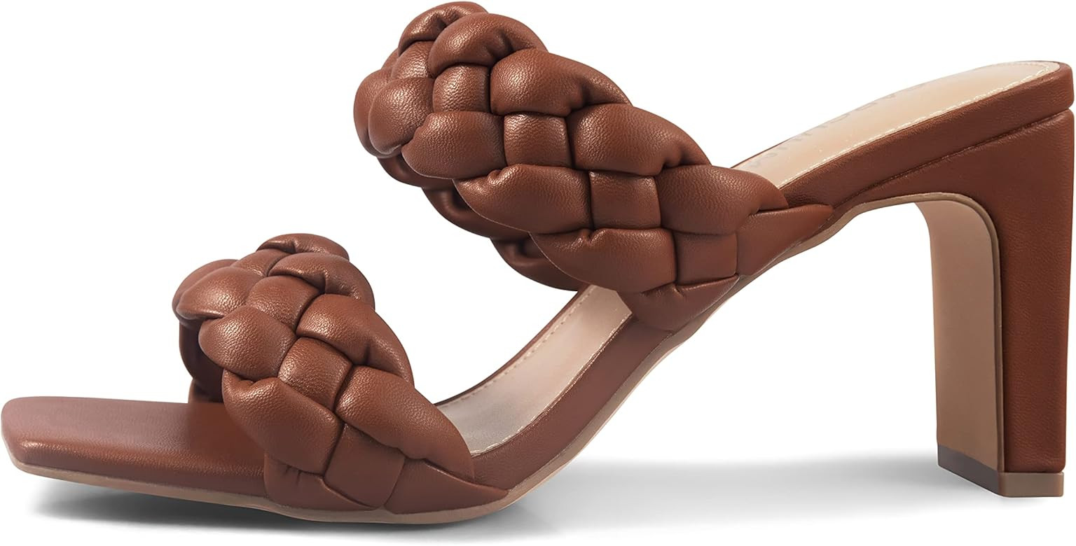 Womens Braided Heels Square Open Toe Two Strappy Woven Mule Block Casual Heeled Sandals | Amazon (US)